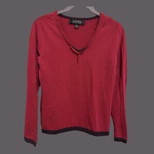 Vintage Kasper Red Black Beaded Size Small Petite Office Workwear Top Shirt